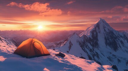 Orange Tent on Snowy Mountain Peak at Sunrise