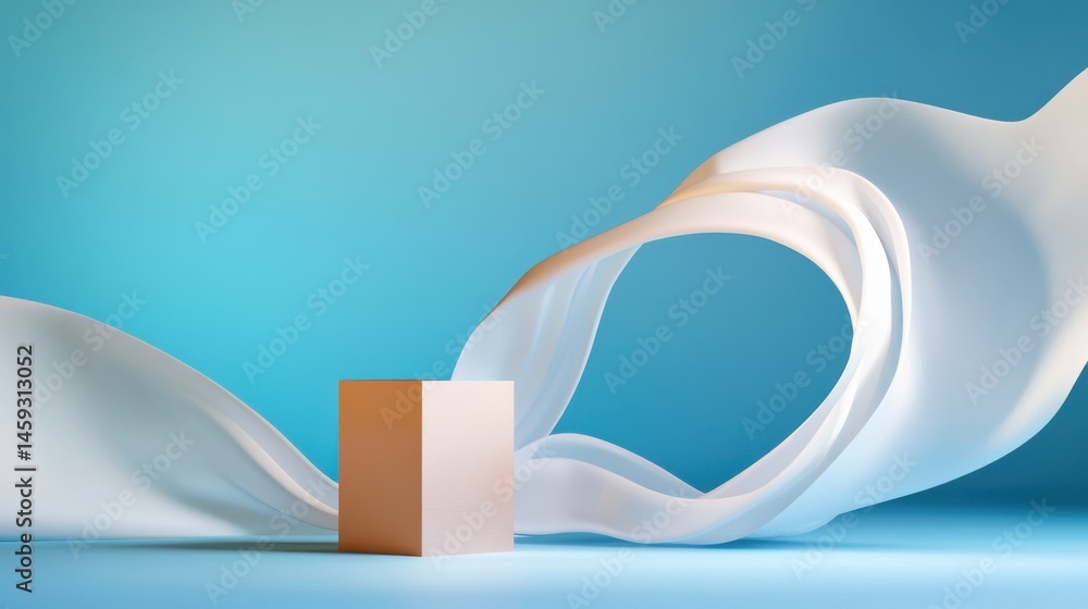 Poster modern art composition with flowing white wave lines and a cube placed at center on blue gradient