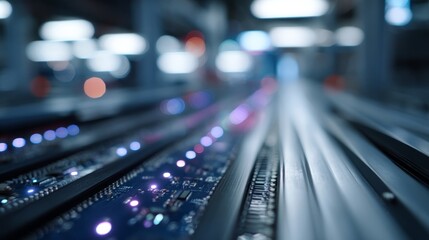 High angle view of advanced quantum computing circuitry illuminated in a dark tech setting featuring vibrant neon colors and ample space for additional content
