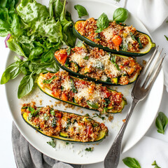 A plate of vegetable stuffed zucchini boats, with zucchini halves filled with a flavorful mixture of