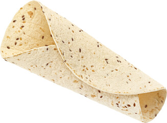 Empty folded lavash with flax seeds isolated on white background