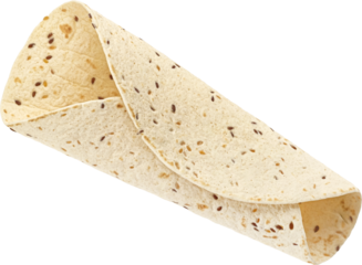 Empty folded lavash with flax seeds isolated on white background