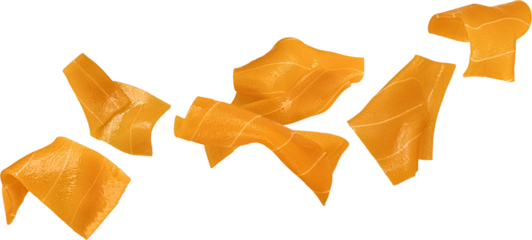 Falling vegan plant based salmon slices isolated on white background