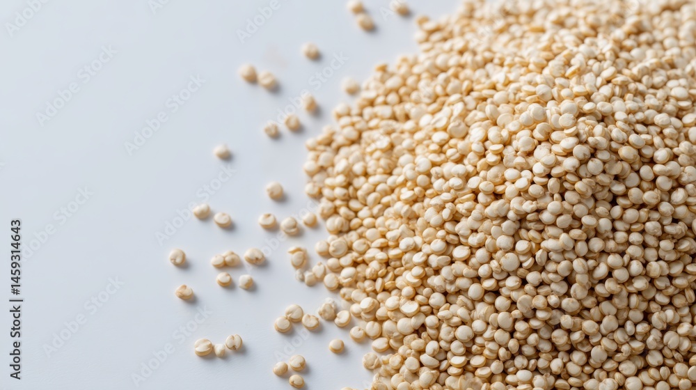 Poster quinoa grains are elegantly arranged in a scattered manner against a pristine white background, high