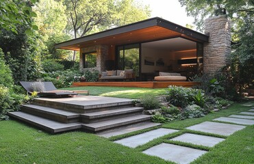 Modern house garden patio design, landscaping