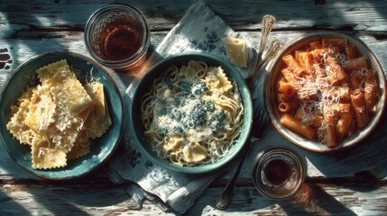 Top-down view of a vibrant Italian table scene featuring various pasta dishes
