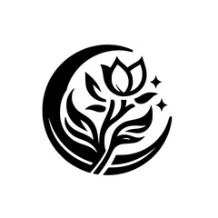Elegant Floral Emblem: Monochrome Rose and Crescent Design