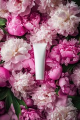 White Cosmetic Tube Mockup with Peony Flowers on Beige Background.