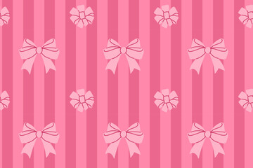 Seamless pink background with white bows and floral decorations in stripe pattern