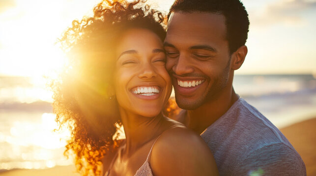 Couple shares joyful laughter on the beach during sunset, creating a memorable candid moment