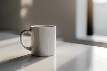 White ceramic mug in soft morning light near window