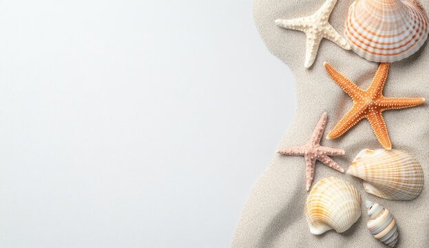 Seashells and starfish on light beige sand (1)