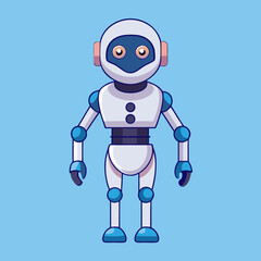 Fototapeta premium Robot with blue eyes wearing a sleek blue suit, standing confidently against a neutral background.
