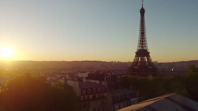 Parisian cityscape at sunrise featuring the Eiffel Tower.