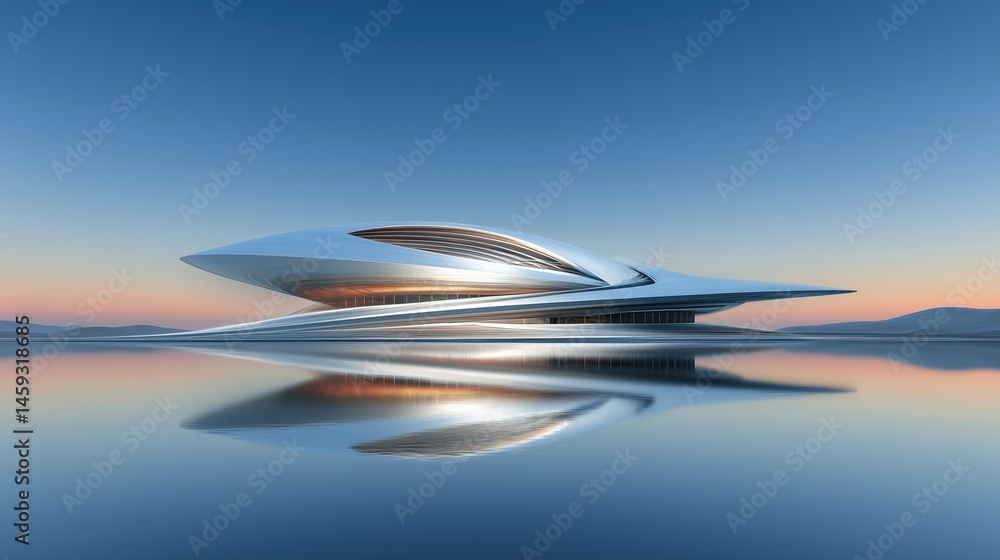 Poster 3D rendered abstract futuristic art object with adobe-inspired sharp edges and curved structure on flat terrain, smooth light blue to white gradient background reflecting blurred rounded oval shape wi