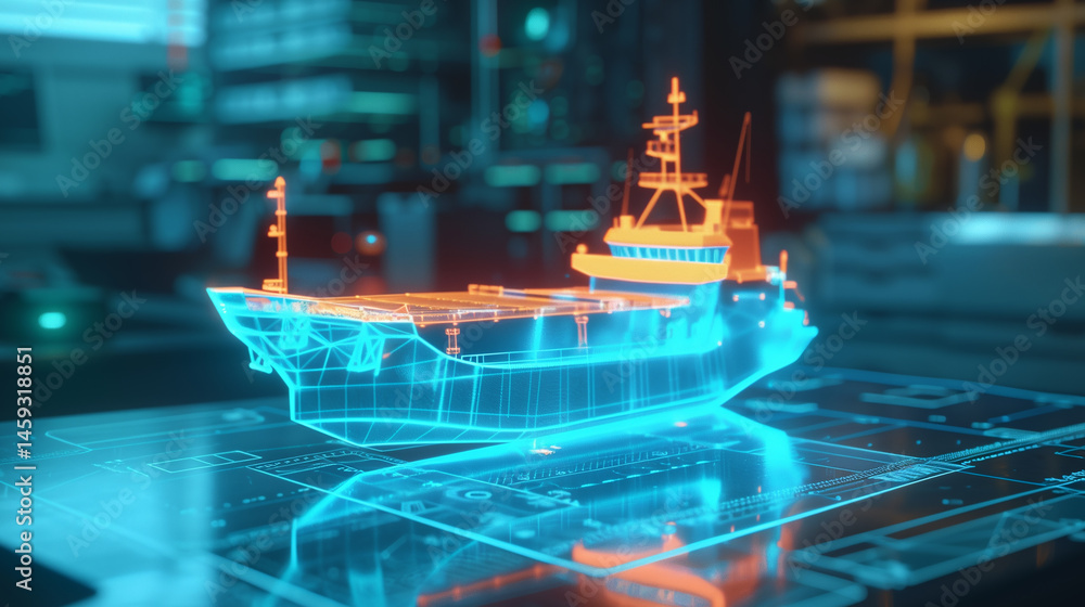 Poster this hologram of a ship is shown in a futuristic setting, highlighting advanced technology.