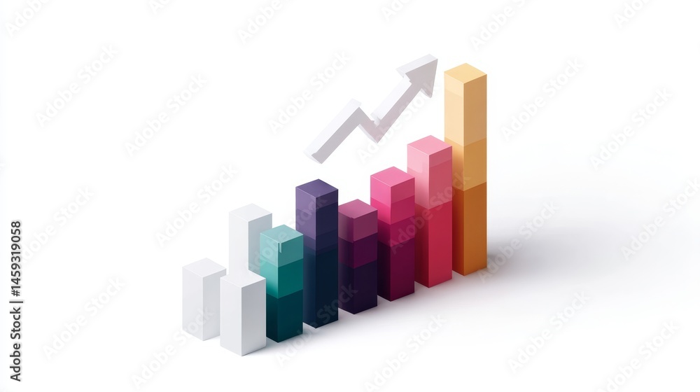 Poster A multicolored 3D bar chart rises dramatically with a large upward arrow, symbolizing progress and increasing values against a clean white background