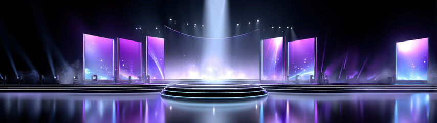 Vibrant stage setup featuring illuminated screens, dramatic lighting, and reflective floor creates engaging atmosphere for performances or events. colorful backdrop enhances visual appeal