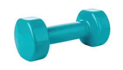 A blue dumbbell with a smooth, hexagonal design used for weight training and exercise.