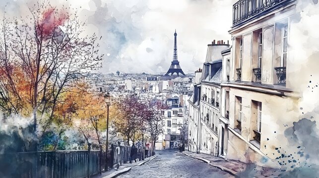 Parisian autumn vista, painted in a watercolor style.
