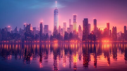 Fototapeta premium Pink and Purple City Skyline Reflection at Sunset
