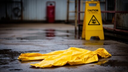 Discarded protective gear lies on a wet industrial floor, with a caution sign warning of hazardous materials visible in the background, emphasizing safety concerns
