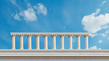 Fototapeta premium A row of classic white columns stands against a bright blue sky with fluffy white clouds, evoking feelings of serenity and timeless architecture.