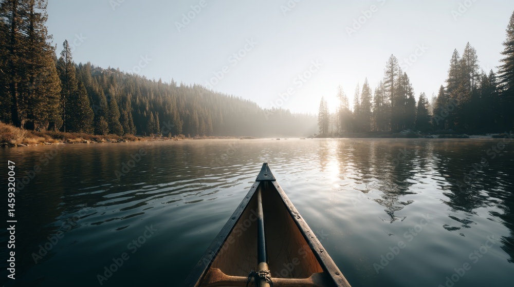 Poster a wooden canoe moves smoothly through the calm waters of a lake at dawn, framed by tall pine trees a