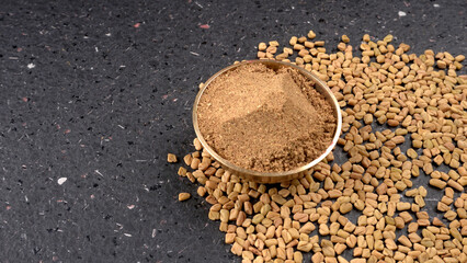 Methi or fenugreek seeds with methi leaves.Methi seeds is good for health.

