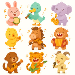 Fototapeta premium Animals Playing Musical Instruments Vector Cartoon Collection for Children's Illustration