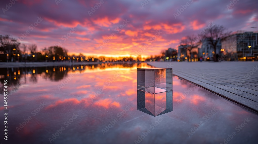 Poster a mirrored hexagonal block rests on a slate surface, capturing the vibrant colors of twilight agains