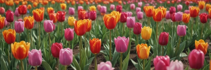 Fototapeta premium Vibrant spring tulips in a neat row, colorful blooms , dutch, flora