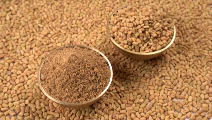 Methi or fenugreek seeds with methi leaves.Methi seeds is good for health.
