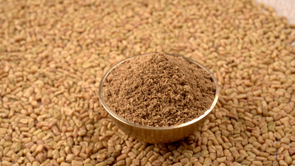 Methi or fenugreek seeds with methi leaves.Methi seeds is good for health.
