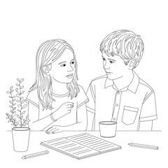 ‎A black and white A girl and a boy are sitting. illustration line art of a coloring page