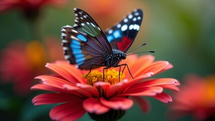 A colorful butterfly perched on a pink flower