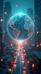 Cityscape with glowing Earth in the sky