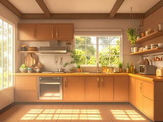 Fototapeta premium Sunlit Modern Kitchen Interior with Light Wood Cabinets and Stone Backsplash