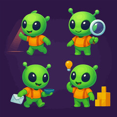 Fototapeta premium Cute Cartoon Alien Character Poses Doing Activities on Dark Background