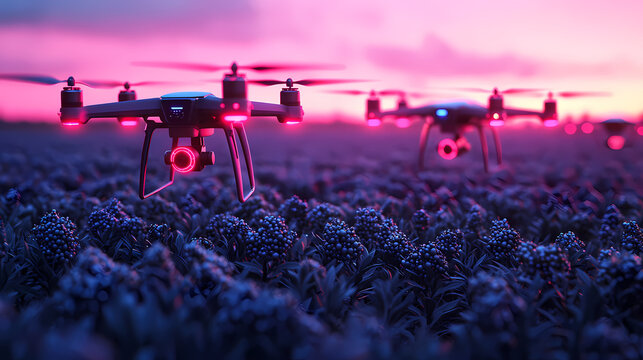 Drones flying over a field of flowers at sunset, illuminated by vibrant pink and purple lights. - Powered by Adobe