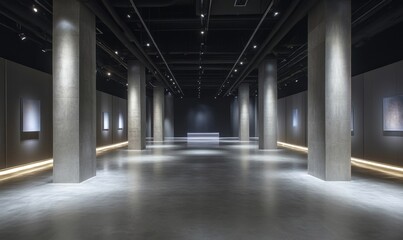 Modern, minimalist gallery space with exposed concrete columns and gallery walls