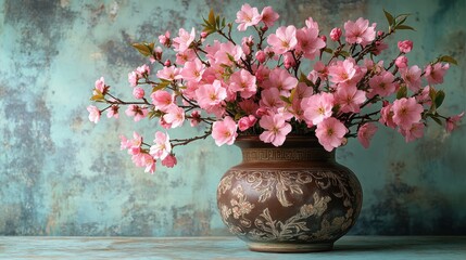 Delicate pink cherry blossoms arranged in a brown antique Chinese urn with floral patterns, set against a faded seafoam-green surface. Elegant and timeless.