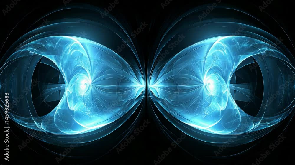 Poster two blue circles with dynamic light streaks creating a modern abstract background for design use