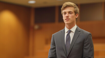 Fototapeta premium This lawyer confidently speaks at a podium in a well-lit conference room while engaging the audience.