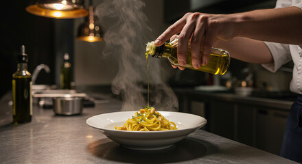 Chef Pouring Olive Oil Over Spaghetti with Clams in a Restaurant Kitchen