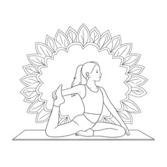 ‎A black and white A girl is doing yoga. illustration line art of a coloring page