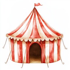 Watercolor circus tent, red and beige stripes, classic design