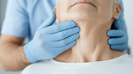 Neck examination: A healthcare professional wearing protective gloves palpates a patient's neck, possibly checking for thyroid issues or other abnormalities.