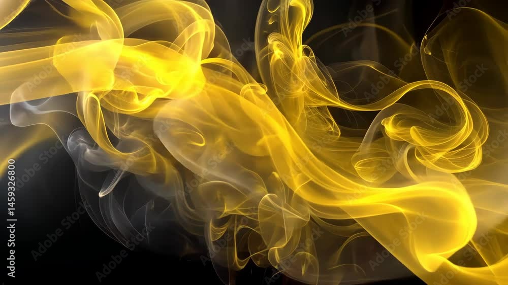 Poster golden smoke curls and swirls in captivating motion on a black background.