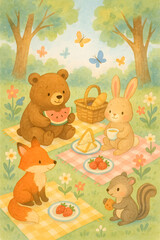 Naklejka premium Watercolor illustration of adorable bear, bunny, fox, and squirrel sharing picnic treats in pastel forest scene